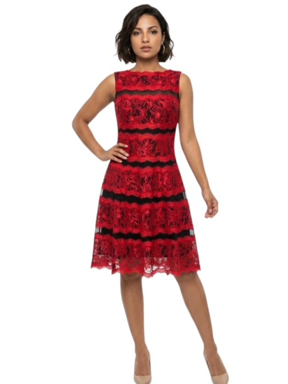 NWT Tadashi Shoji Size 2 Sleeveless Boat Neck Red Black Cocktail Dress